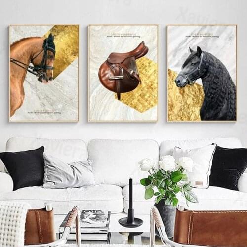 Modern Home Decoration Painting Animal Photography Black Brown Horse Saddle Photo Art Poster and Print Living Room Wall Art