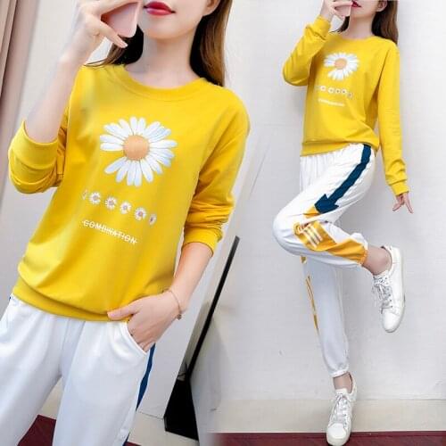 Breastfeeding Tops and Trousers Spring Autumn Nursing Maternity Set Clothes Casual Sport Pregnant Women Suits Daisy T-shirt+pant