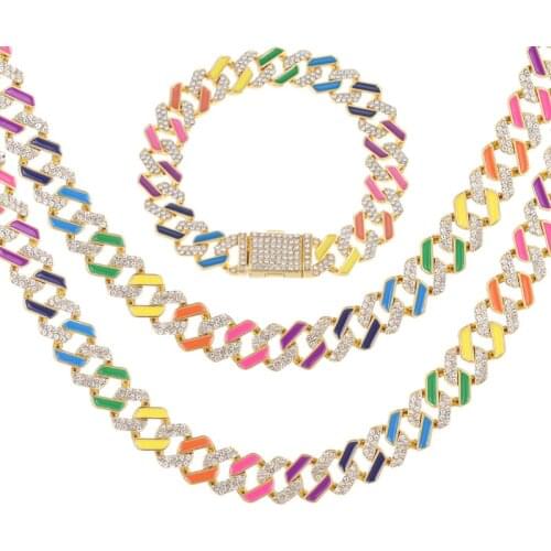 Iced Out Rainbow Chain For Men Women Miami Cuban Link Necklace Bling Bling Hip Hop 12MM Neon Colorful Necklace Bracelet