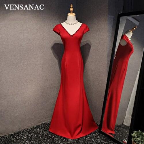 VENSANAC 2018 Crystal V Neck Satin Mermaid Long Evening Dresses Elegant Party Short Sleeve Backless Prom Gowns