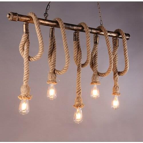Vintage Loft Water Pipe Pendant Light E27 Industrial Creative Hemp Rope Hanging Lamp Restaurant Fixture Lighting 5 Lights PL642