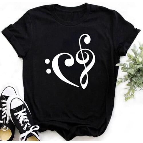 New Harajuku Womens White and Black T-shirt Fashion Creative Musical Note Printed T Shirt Casual Shirt Short-sleeved Female Top