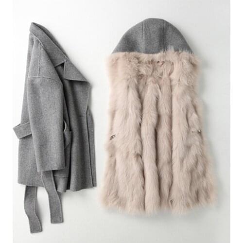 Real Fur Coat Female Real Fox Fur Parka 100% Wool Coat Winter Jacket Women Double Side Woolen Coats Manteau Femme MY4260
