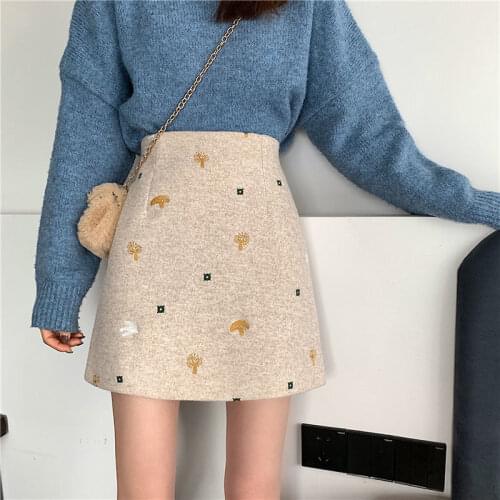 2021 New Autumn Winter Women High Waist Slim Woolen Skirts Embroidery Vintage A-line Mini Skirt High Quality Y363
