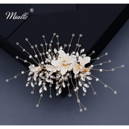 Miallo Fashion Resin Flower Hair Clips for Women Accessories Wedding Crystal Bridal Hair Jewelry Gold Color Bride Headpiece Gift