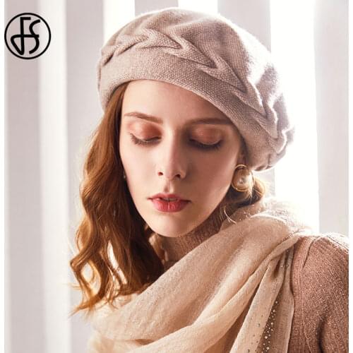 FS Fashion Women Beret French Artist Warm Knitted Winter Beanie Hat Vintage Plain Beret Solid Color Elegant Blue Ladies Hats