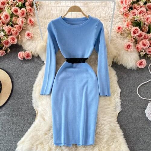 Autumn And Winter Ladies Knitted Dress Womens O Neck Slim Long Sleeves Color Matching Package Hip Midi Dress Female Vestidos