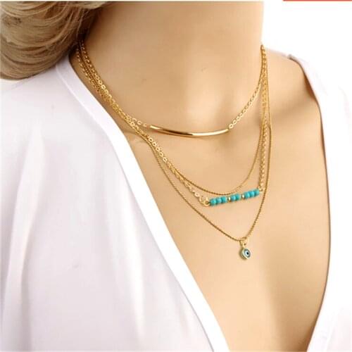 2018 Mother Gift Fashion Turkish Bend 3 Layers Pipe Evil Eye Pendant Green Beads Gold color Necklace