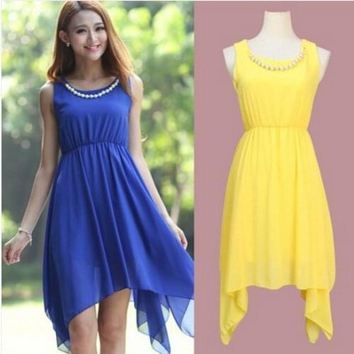 2020 Spring and Summer women Asymmetric chiffon dress with necklace plus size S -XXXL sexy beading girl dress,yellow dress