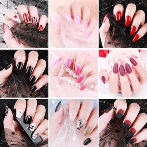 24pcs Designs Soild Red Black Pink Candy Color Glitter Gradient False Nail Full Cover Press On Fake Nails Art Tips Set With Glue