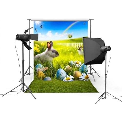 3x5ft Frohe Ostern Rainbow Sky Hare Fence Grass Easter Eggs Custom Photo Studio Backdrops Background Vinyl Photography Backdrops