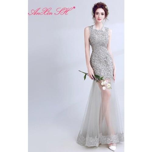 AXJFU luxury grey lace mermaid evening dress princess party host beading crystal o neck sleeveless trumpet evening dress 687