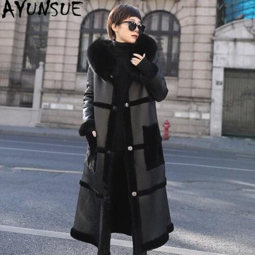 AYUNSUE Double Faced Fur Coat Winter Jacket Women Double Side Wear Natural Sheep Shearling Coat Women Real Leather Jacket MY4854