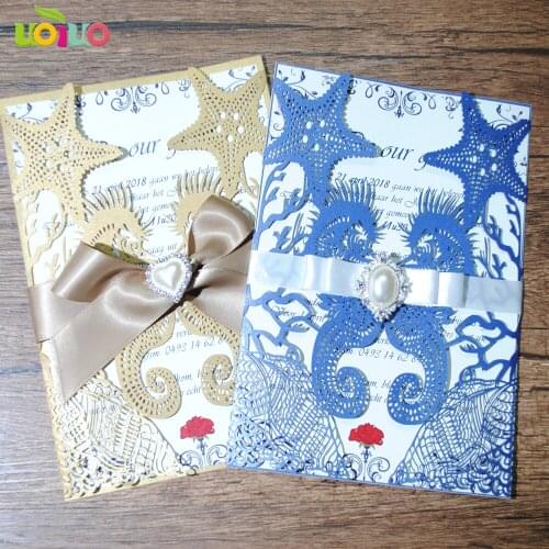 Free shipping 50set hot sale inc107 sea horse glitter gold & sea blue invitation card customized kraft paper card