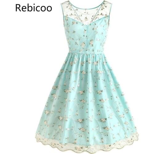 Women Perspective Embroidery Lace Backless High Waist Dress Sleeveless Mesh Overlay A Line Flare Dresses Party Vacation