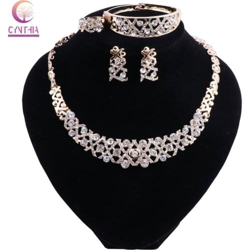 Elegant Wedding Jewelry Set Crystal Necklace Earrings Ring Bracelet Sets For Women Gold Color Turkish Jewelry