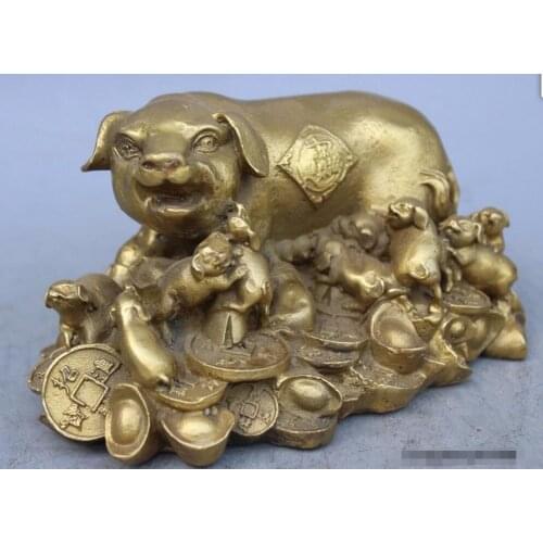 China brass feng shui sculpture carved money Sycee Yuab Bao many pigs Statue
