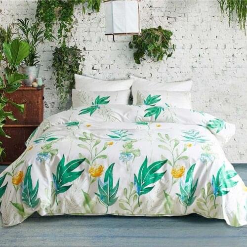 Green Leaves Bedding Set Pillowcase Duvet Cover Sets Bedclothes Flower Printed White Quilt Cover Polyester Sanding Home Textiles