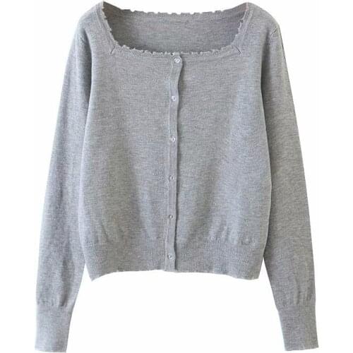 Korean Womens Knitted Sweater 2021 Spring New Casual Single Breasted Solid Color Square Collar Ragged Cardigan