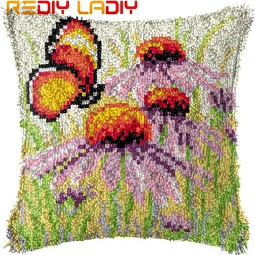 Latch Hook Cushion Butterfly Daisy Pillow Case Printed Color Canvas Acrylic Yarn Latched Hook Pillow Crochet Cushion Cover Kits