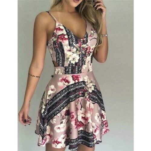 Summer Women Dress 2019 Vintage Sexy Bohemian Floral Tunic Beach Dress Sleeveless Mini Floral Hot Sundress Dress Striped Female