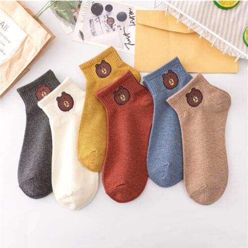 Ankle Short Socks Women Cotton Boat Cotton Socks Cute Girls Bear Needlework Female Sock Slippers