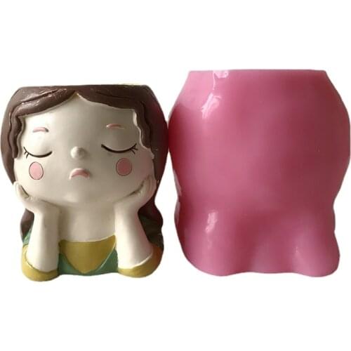 Cute Girl Flower Pot Silicone Fondant Cake Mold Concrete Resin Plaster Chocolate Candle Baking Mould Diy Handmade