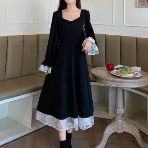 Spring/Autumn Sweet Tender Girl French Vintage Courtly Style Elegant Woman Midi Dress Sexy Bandage Lace Girl Gothic Lolita Dress