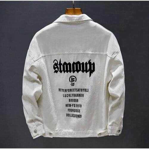 Fashion White Mens Denim Jacket Autumn Slim Jean Coat Letter Print Embroidery Trendy Streetwear Hip Hop Boys Skinny Jacket