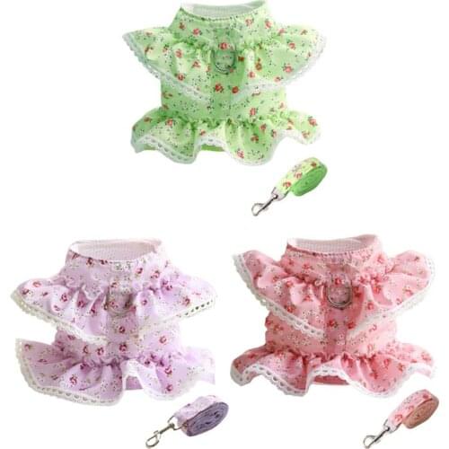 Puppy Dog Cat Clothes Chest Strap Adjustable Floral Pet Harness Dress Small Floral Lace Skirt with Traction Rope Pet Supplies