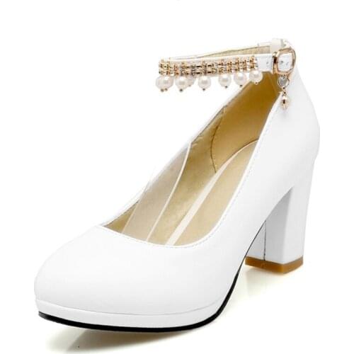 Oversized 13 14 15 16 17 ladies high heels women shoes woman pumps Pearl Drill Single Shoe with Round Head and Rough heel