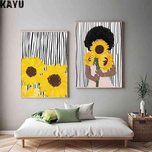 Sunflowers Black Girl Woman Art Canvas Painting Feminist Posters and Prints Wall Pictures For Living Room Afro Queen Portrait