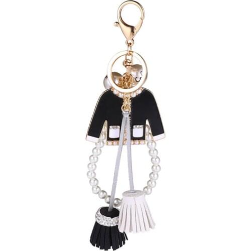 Trendy Elegant Jewelry Imitation Pearl Chain Tassel Black White Keychain Car Bag Pendant Accessories Women Girl Keyring Gift