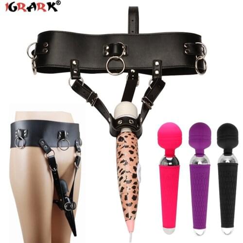 Magic Wand Vibrator Holder Leather Forced Orgasm Belt Chastity Harness Strap BDSM Bondage Female Masturbator Sex Toys for Women