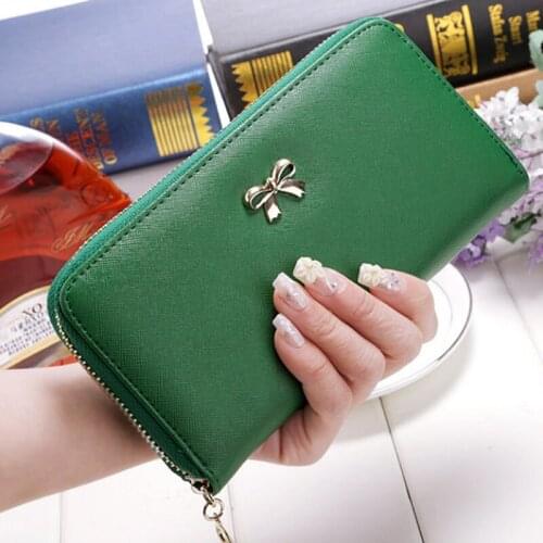 Bowknot Cards Holder Ladies Wallet Cute Long Wallet Solid Color Clutch Bag Women New PU Leather Purse Phone Card Holder Bag