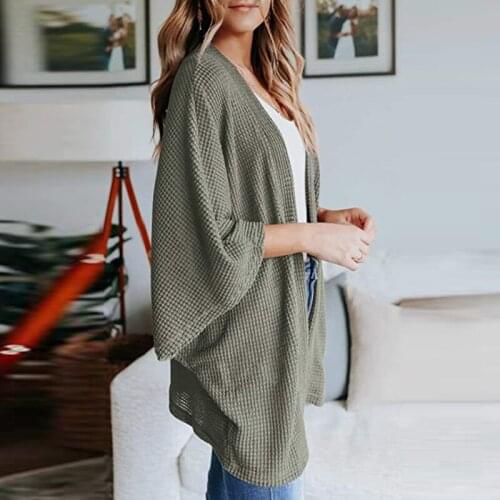 Casual Women Solid Cardigens Autumn Thin Three Quater Sleeve Ladies Long Coat Elegant Femme Ribbed Outerwear Clothing Cardigans