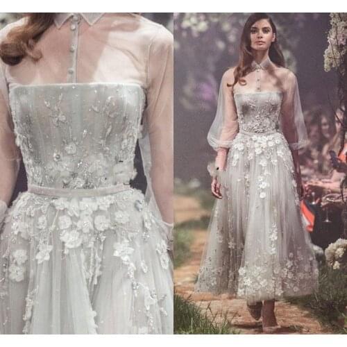 New ivory Dots Stars Tulle A Line Prom Dresses beading handmade flowers Tea Length Formal Party Gowns Vestidos De Fiesta