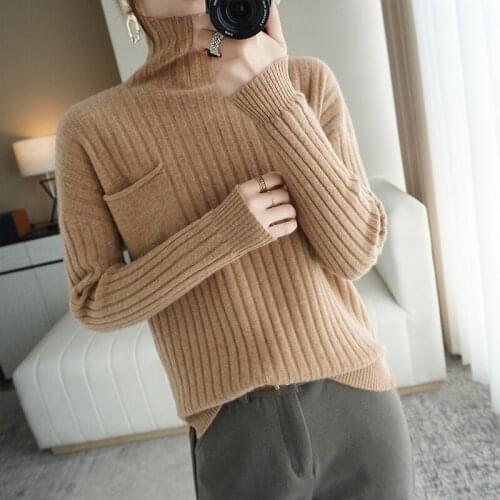 2021 autumn and winter new style 100% wool knitted long-sleeved short turtleneck pullover loose solid color bottoming shirt