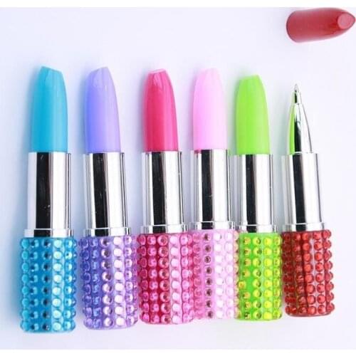 60pcs/lot lipstick lippie ballpoint pen 0.7mm fancy diamond rhinestone crystal pen promotion wedding party gift office prize