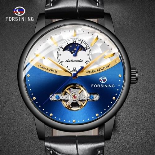 FORSINING Toubilion Design Man Watch Black Blue Men Clocks Leather Belt Top Luxury Men Wristwatch 2020 Newest