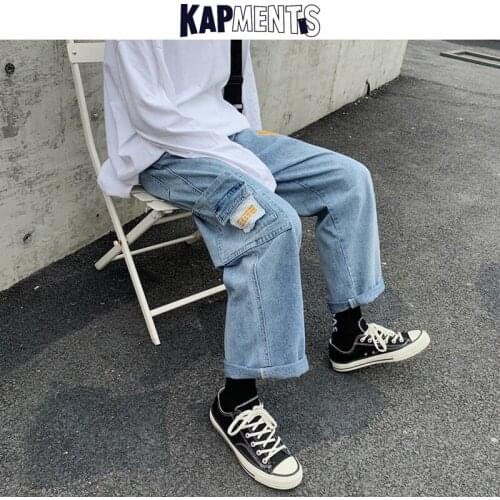 KAPMENTS Men Drawstring Baggy Jeans 2020 Mens Patch Pocket Jeans Korean Streetwear Straight Denim Pants Male High Waist Trousers