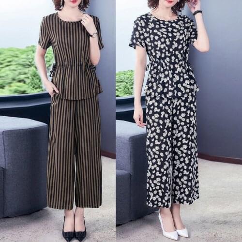 2021 Summer O Neck Two Piece Set Middle-aged Womens Printed Short Sleeve T-shirt & Pants Sets Big Size Fashion Loose Suits L405