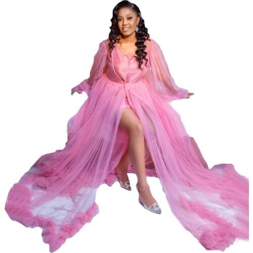 New Lace Evening Dresses Robes for Photo Shoot Baby Shower Long Sleeves Ruffle Women Dress Photography Robe Real Images