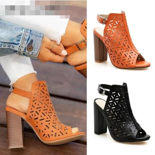 New arrive woman hollow style roman open toe chunky high heel slingback sandal real photo orange black color