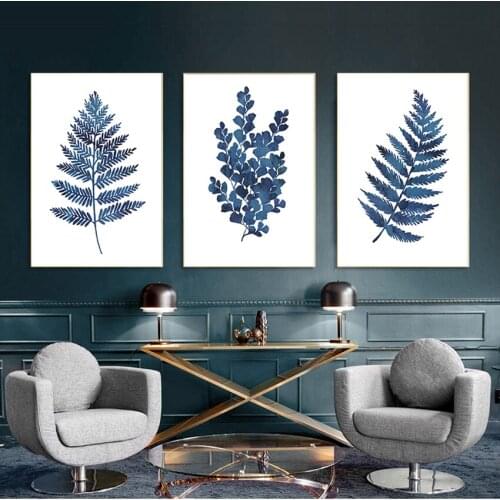 Blue Eucalyptus Foliage Painting Home Wall Decor Ink Blue Fern Prints Watercolor Indigo Leaf Botanical Art Canvas s , Ink