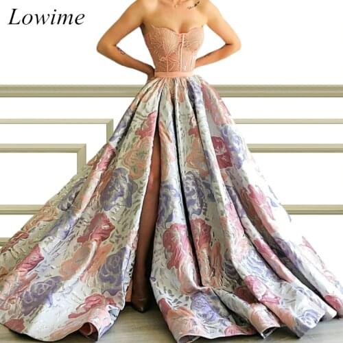 Special Flower Pattern Long Celebrity Dresses Strapless High Side Split Elegant Evening Red Carpet Runaway Gowns Robe De Soiree