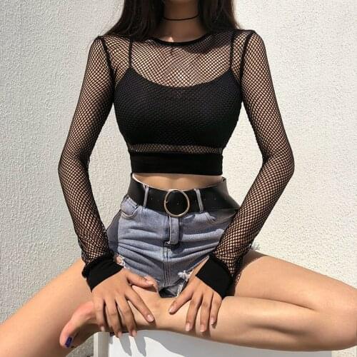 SUCHCUTE Sexy Mesh Crop Tops Tee Shirt Femme Hollow Out Black Tshirt Women See Trough Long Sleeve Streetwear Fishnet T Shirt