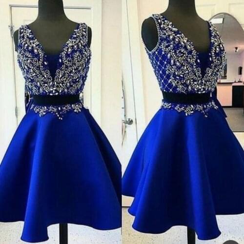 Sukienki Royal Blue Cocktail Dresses V Neck vestidos de coctel Sleeveless Dress Cocktail Bead vestido coctel sukienka koktajlowa