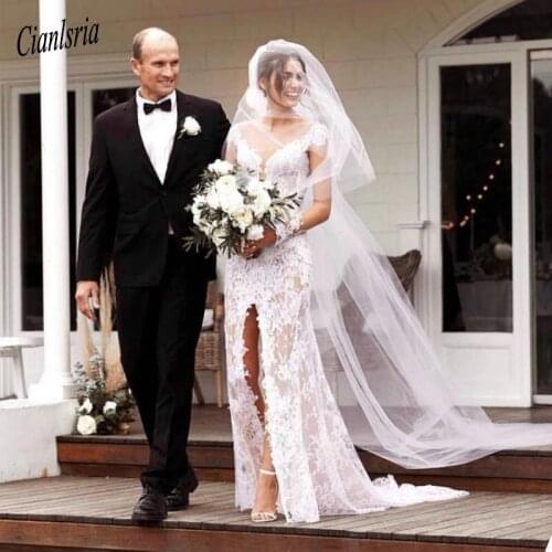 Boho Wedding Dress 2020 Mermaid Sexy Front Split Lace Long Sleeve Vestido De Noiva Bohemia Wedding Gowns Bride Dress