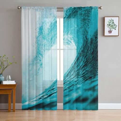 Cyan Waves Seascape Window Treatment Tulle Modern Sheer Curtains for Kitchen Living Room the Bedroom Curtains Decoration